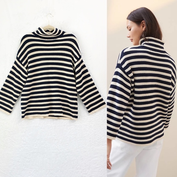 Demylee  Olyvia Stripe Turtleneck Chunky Sweater in Navy/Neutral Sz S - Picture 2 of 9